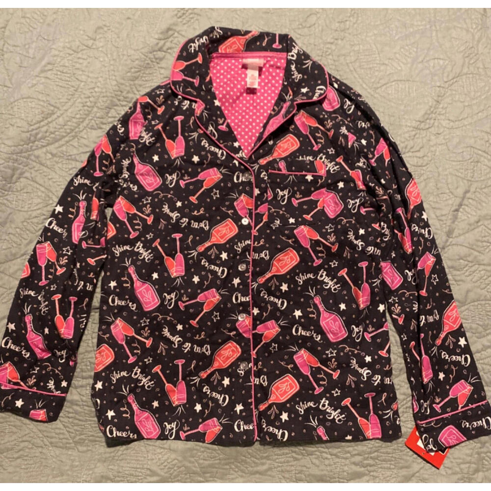Long Sleeve Flannel Sleep Shirt XS Wondershop By Target Champagne Glasses Cheers